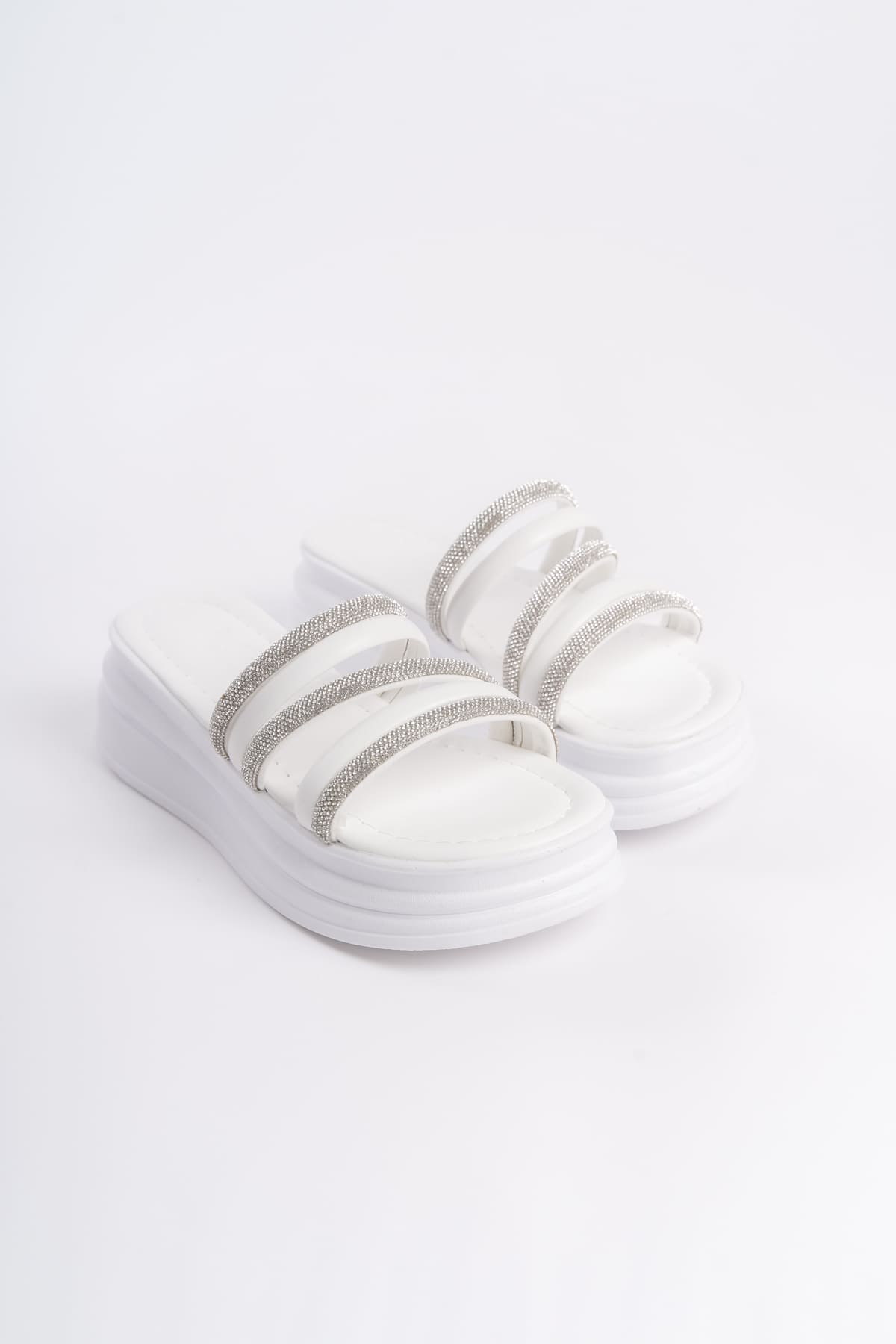 CLZ948 Flat Heeled Stripe Stone Thick and Orthopedic Sole Women's Slippers BT White