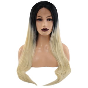 Kanekalon Fiber Synthetic Straight Long Tulle Wig / Black Platinum Medium Ombré