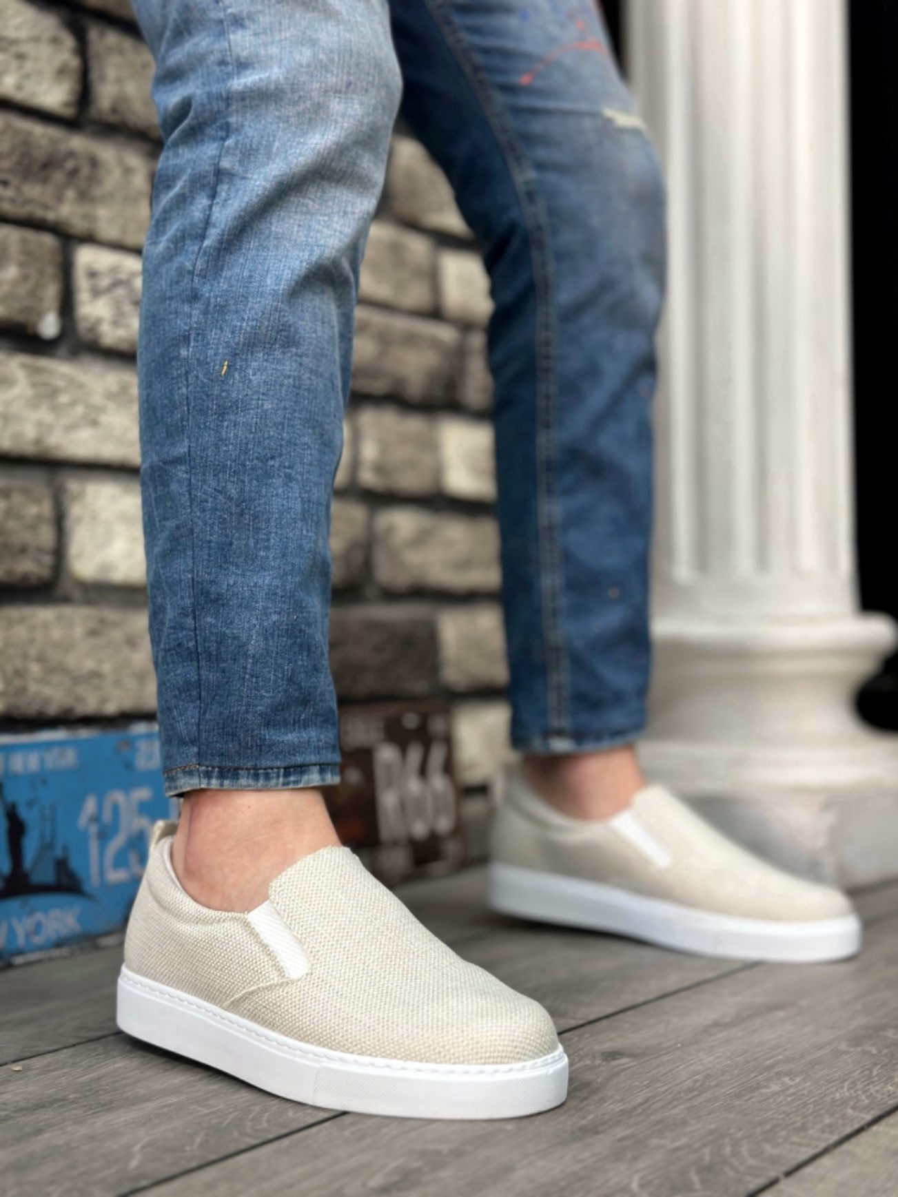 Unlaced Linen Cream White Sole Casual Men's Shoes