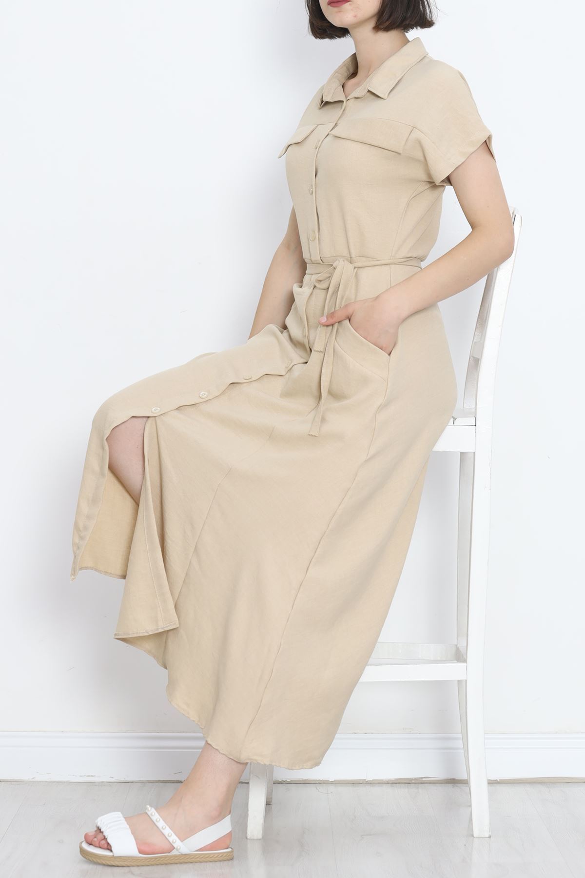 Pocket Detail Belted Dress Stone