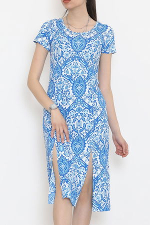 Crew Neck Floral Slit Dress Bluecru