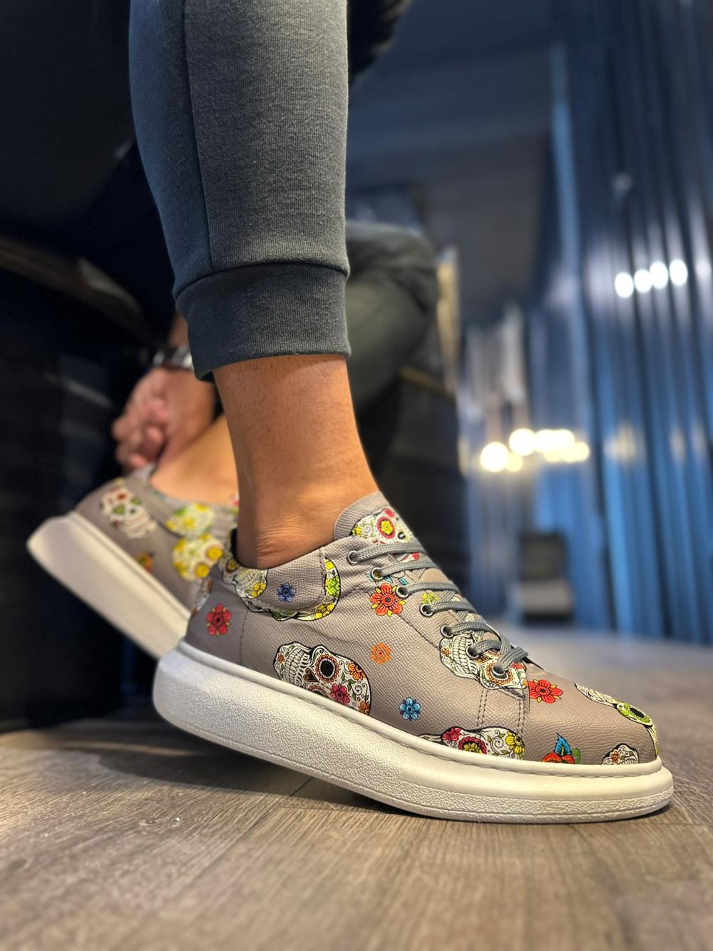 High Sole Colorful Printed Casual Shoes Grey