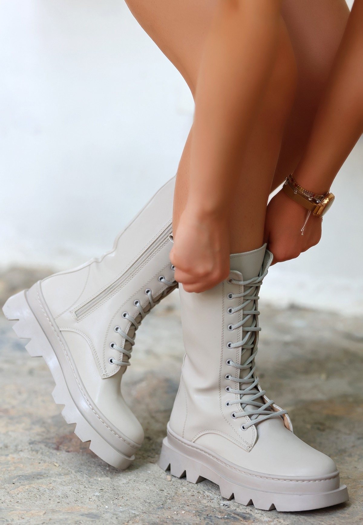 Beige Skin Lace-Up Boots