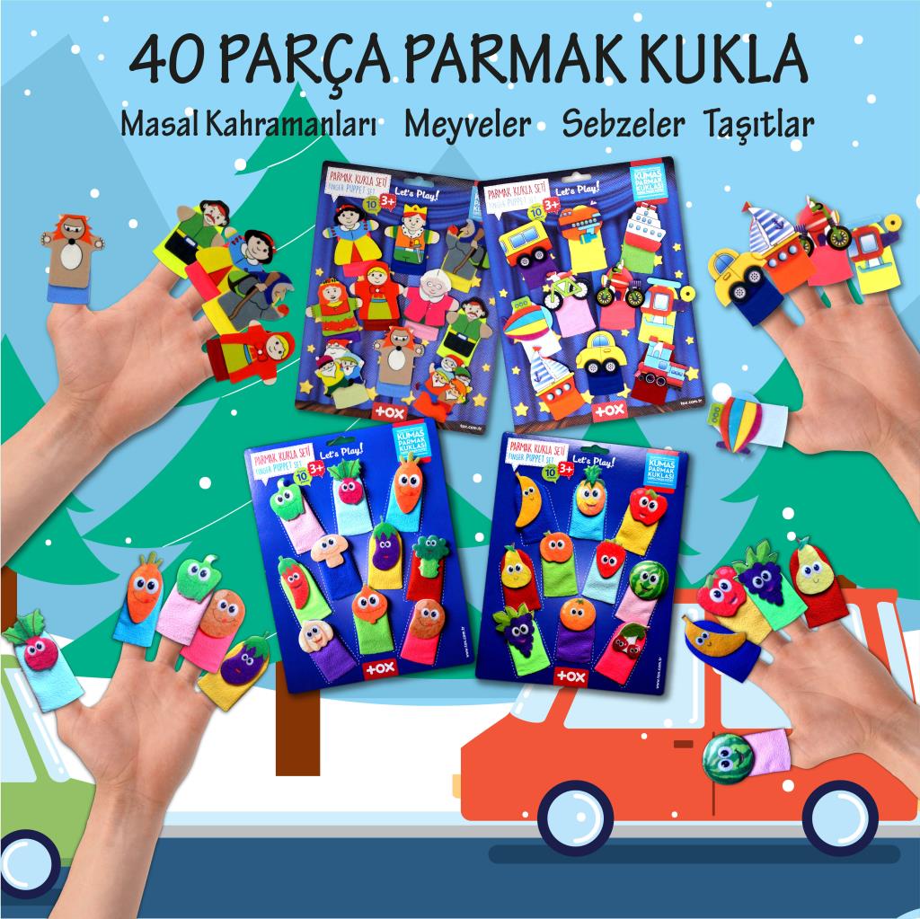 4 Sets - 40 Pieces Fairy Tale Heroes, Fruits, Vegetables and Vehicles Finger Puppet