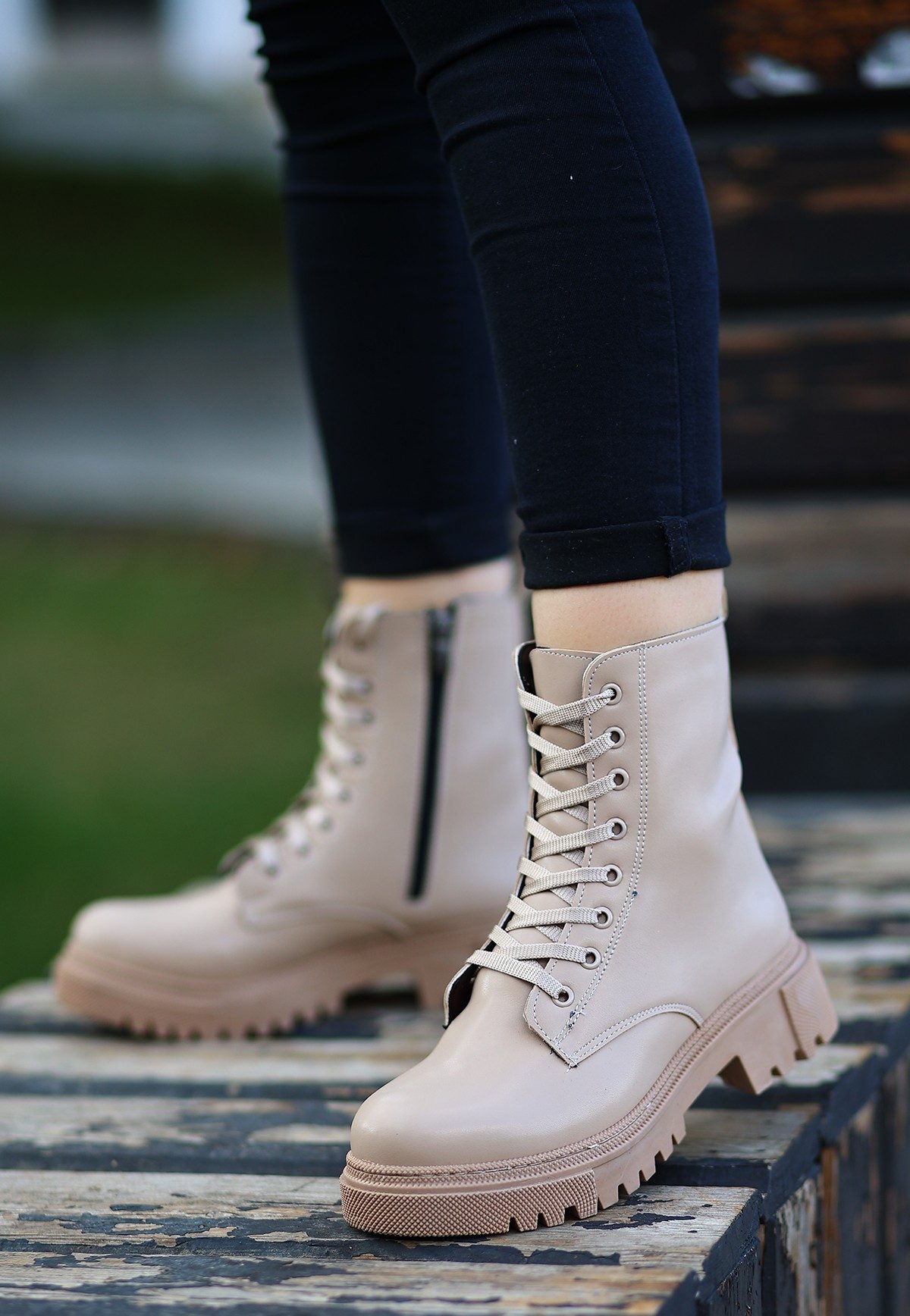 Nude Skin Lace-up Boots