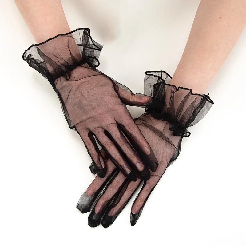 Short Length Lycra Guipure Adult Tulle Gloves Black Color