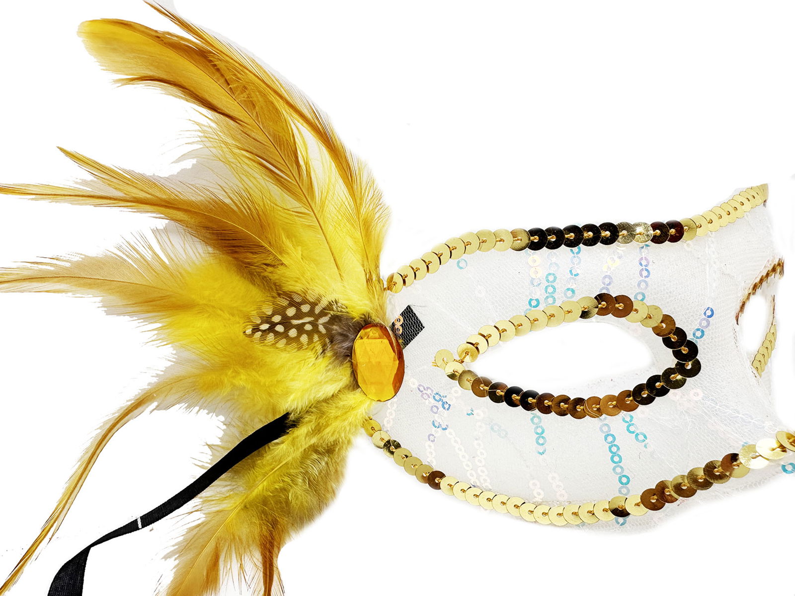 Gold Color Side Feather Sequin Embroidered Party Mask 23x12 cm