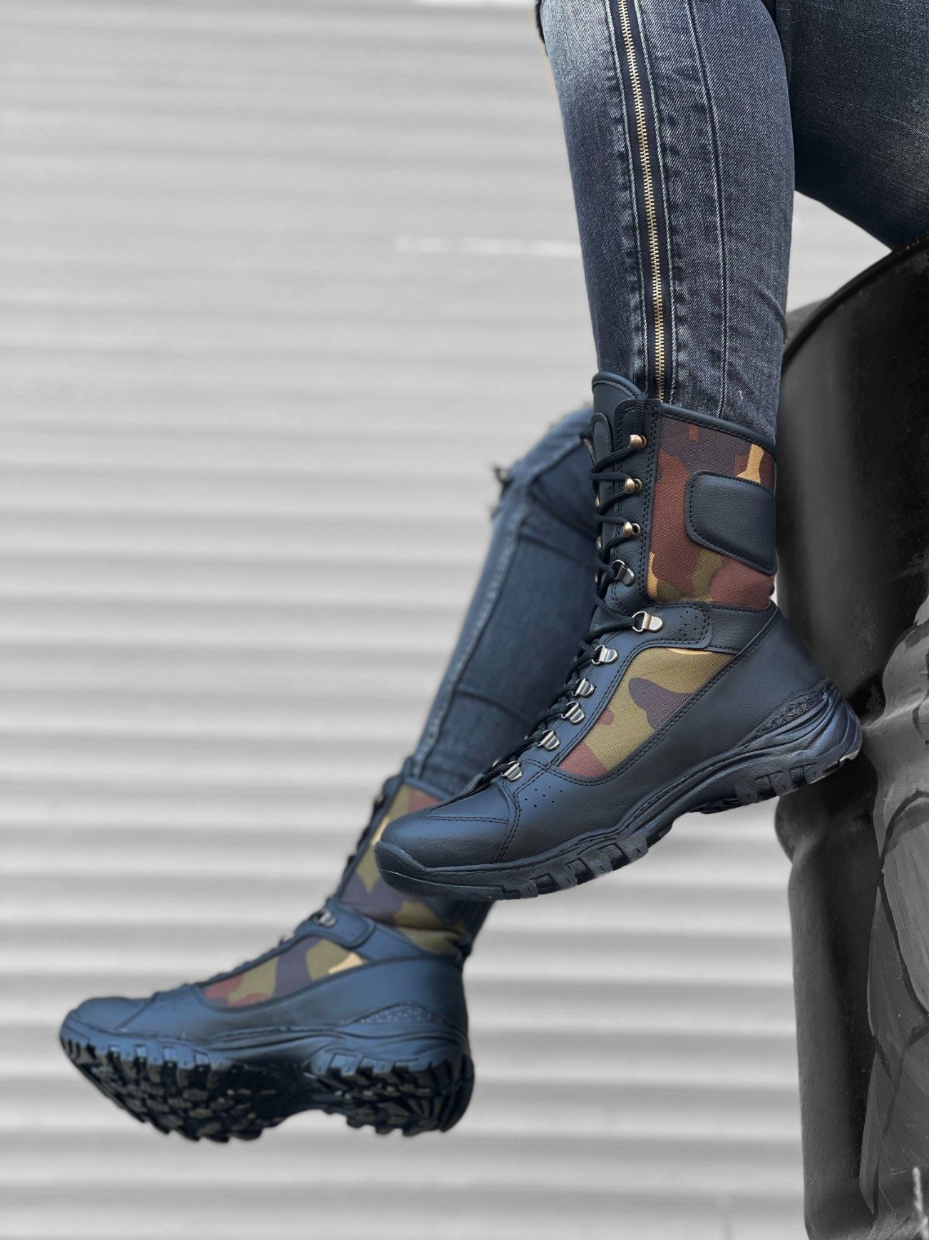 Lace-up Black Camouflage Military Boots