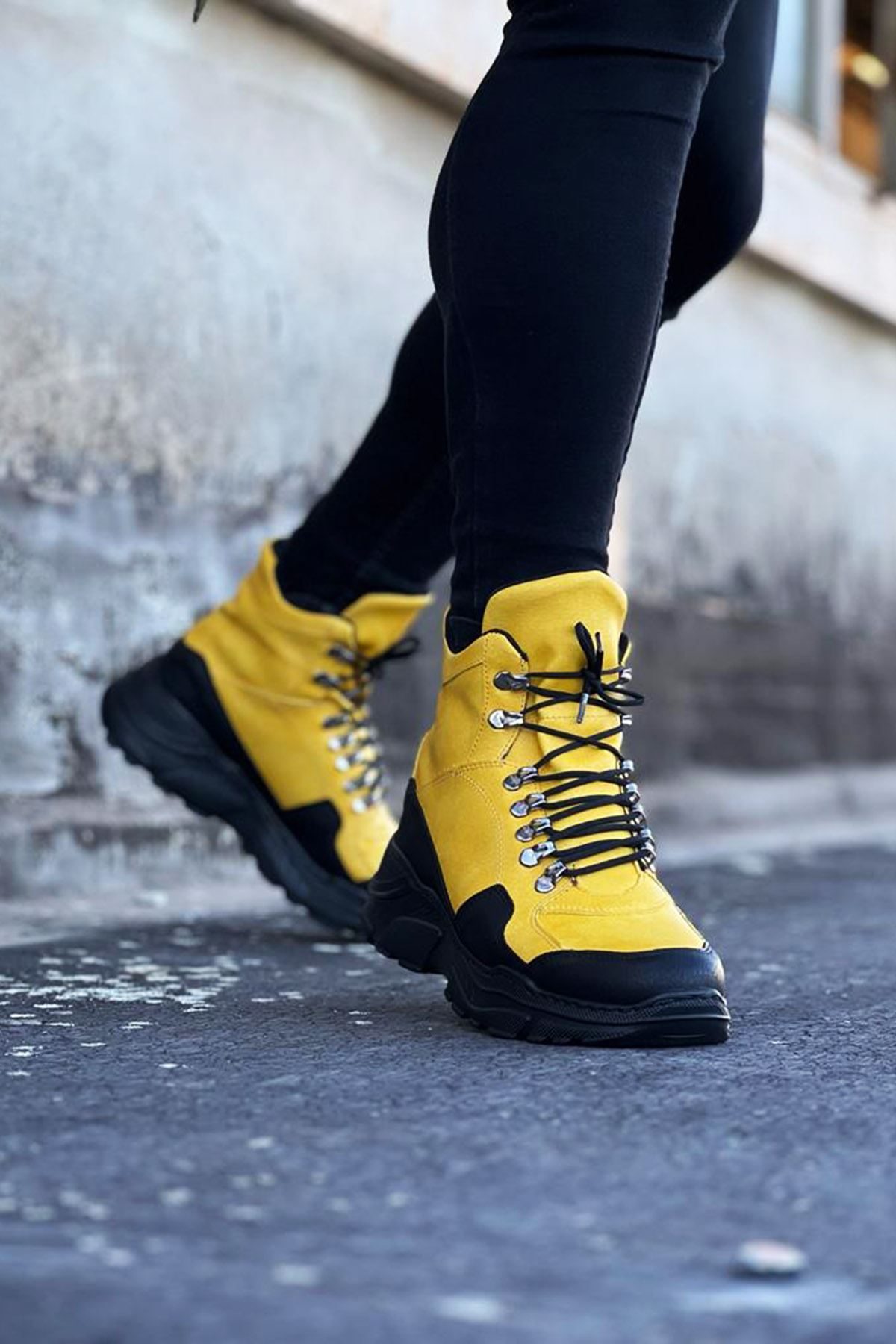 Yellow-Black Color Long Lace-up Boots