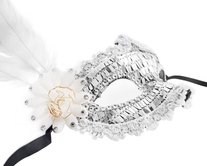 Silver Sequin Sequin White Color Side Feather Party Mask 18x22 cm