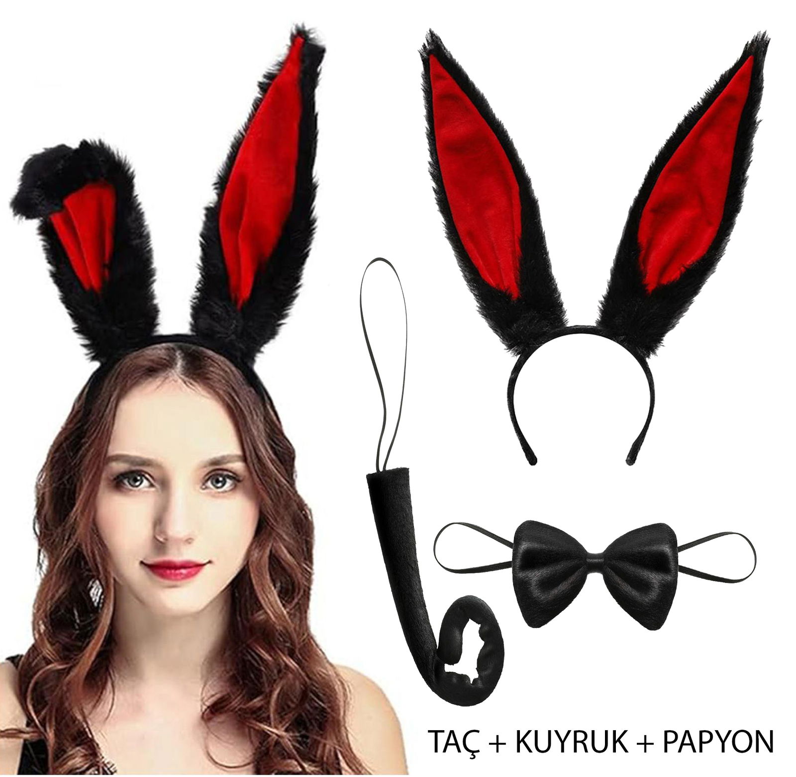 Black Red Color Plush Rabbit Ear Bow Tie Tail Adult Size