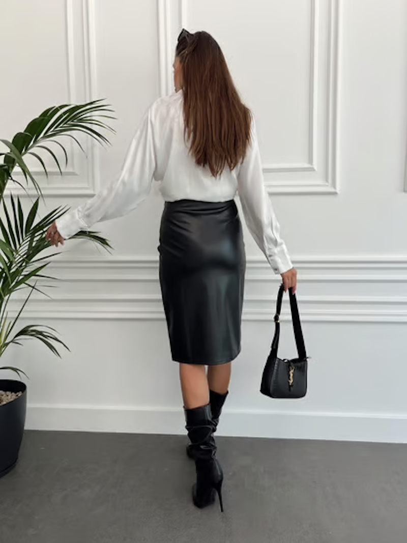 Women's High Waist Front Slit Zippered Leather Skirt - Black