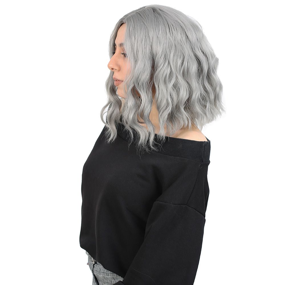 Kanekalon Fiber Synthetic Short Wavy Wig with Bangs / Light Gray