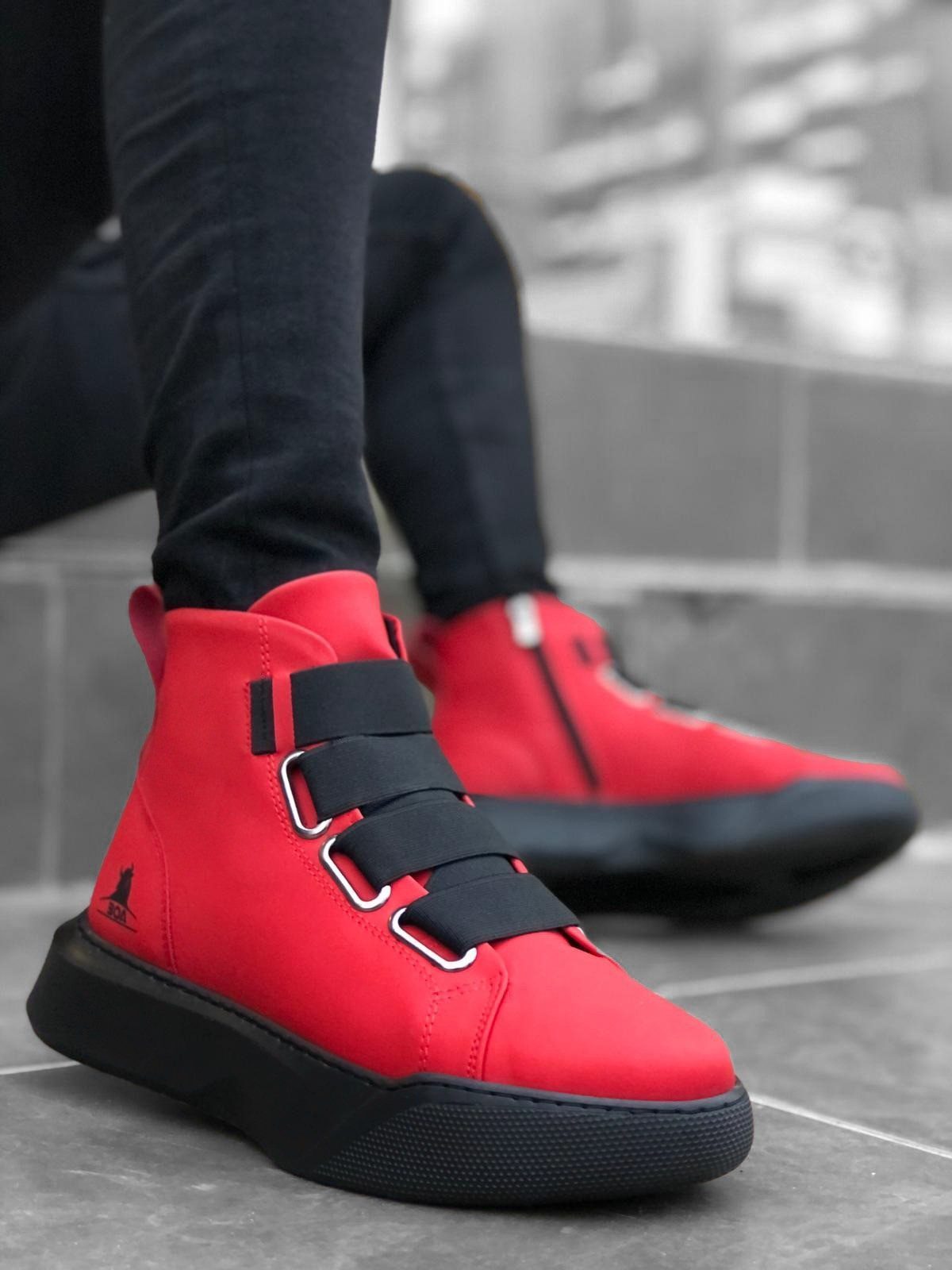 Men's High Sole Red Sport Boots with Straps