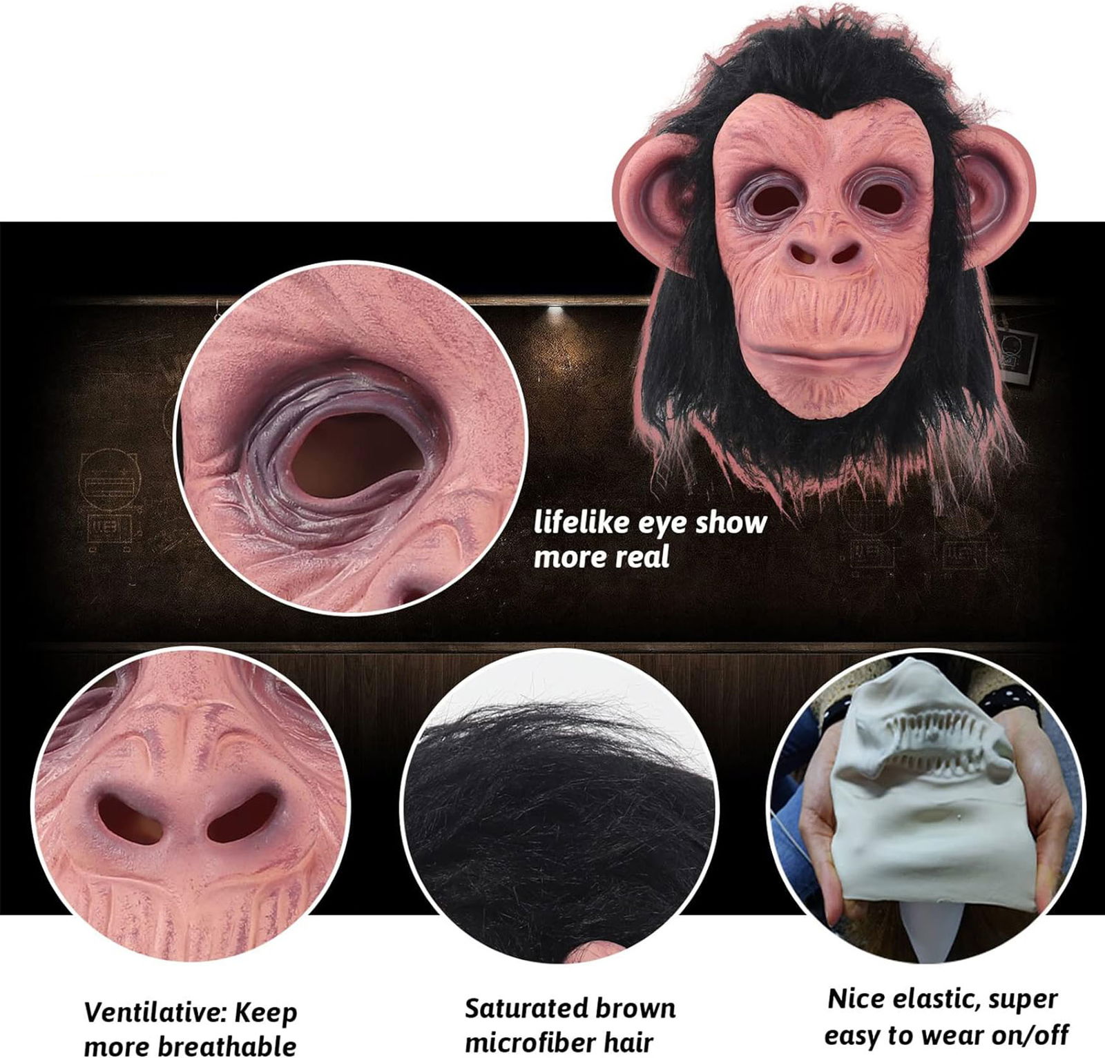 Full-Fit Latex Chimpanzee Mask with Black Hair - Latex Monkey Orangutan Gorilla Mask Meat Mask