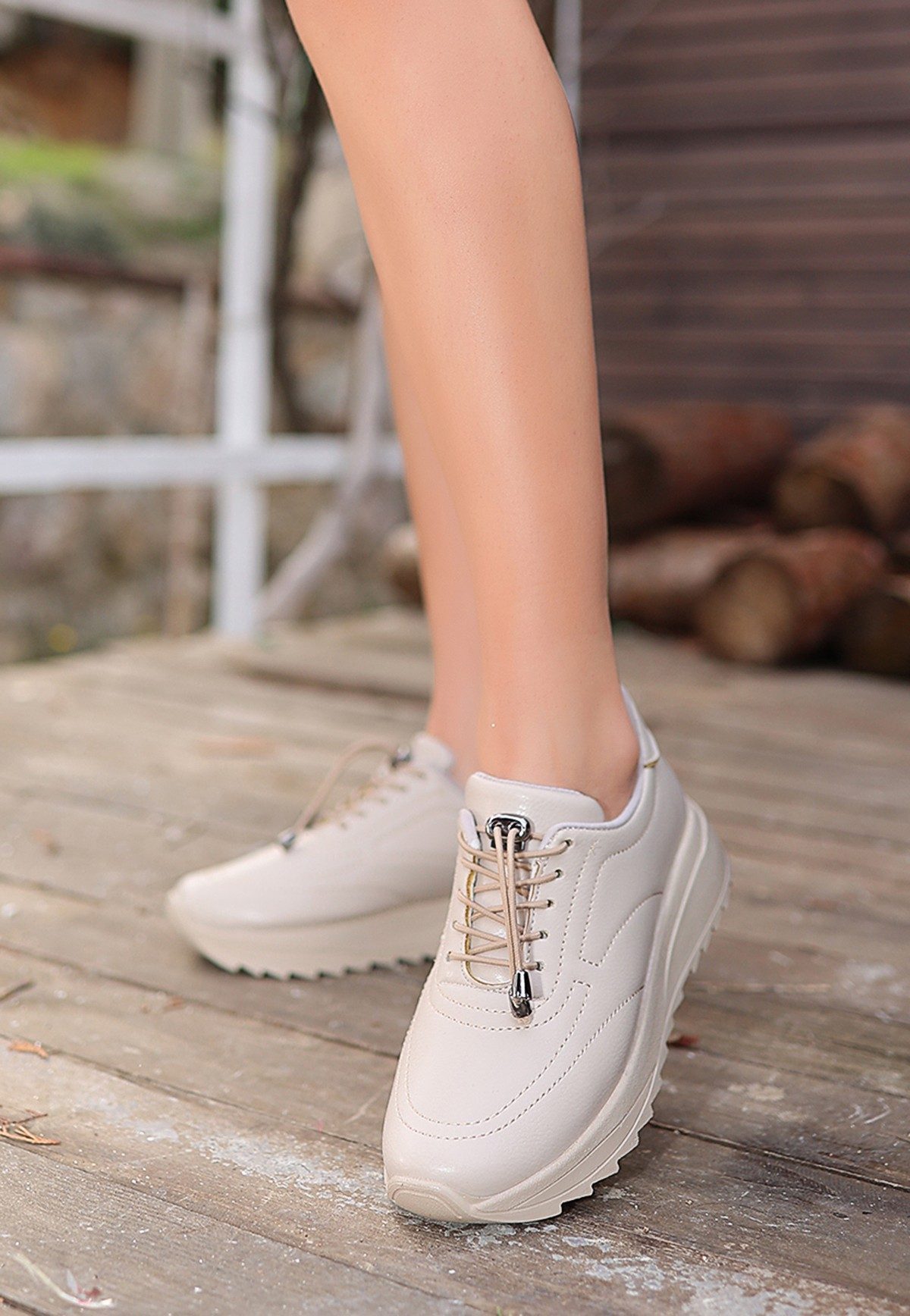 Beige Skin Lace-Up Sneakers