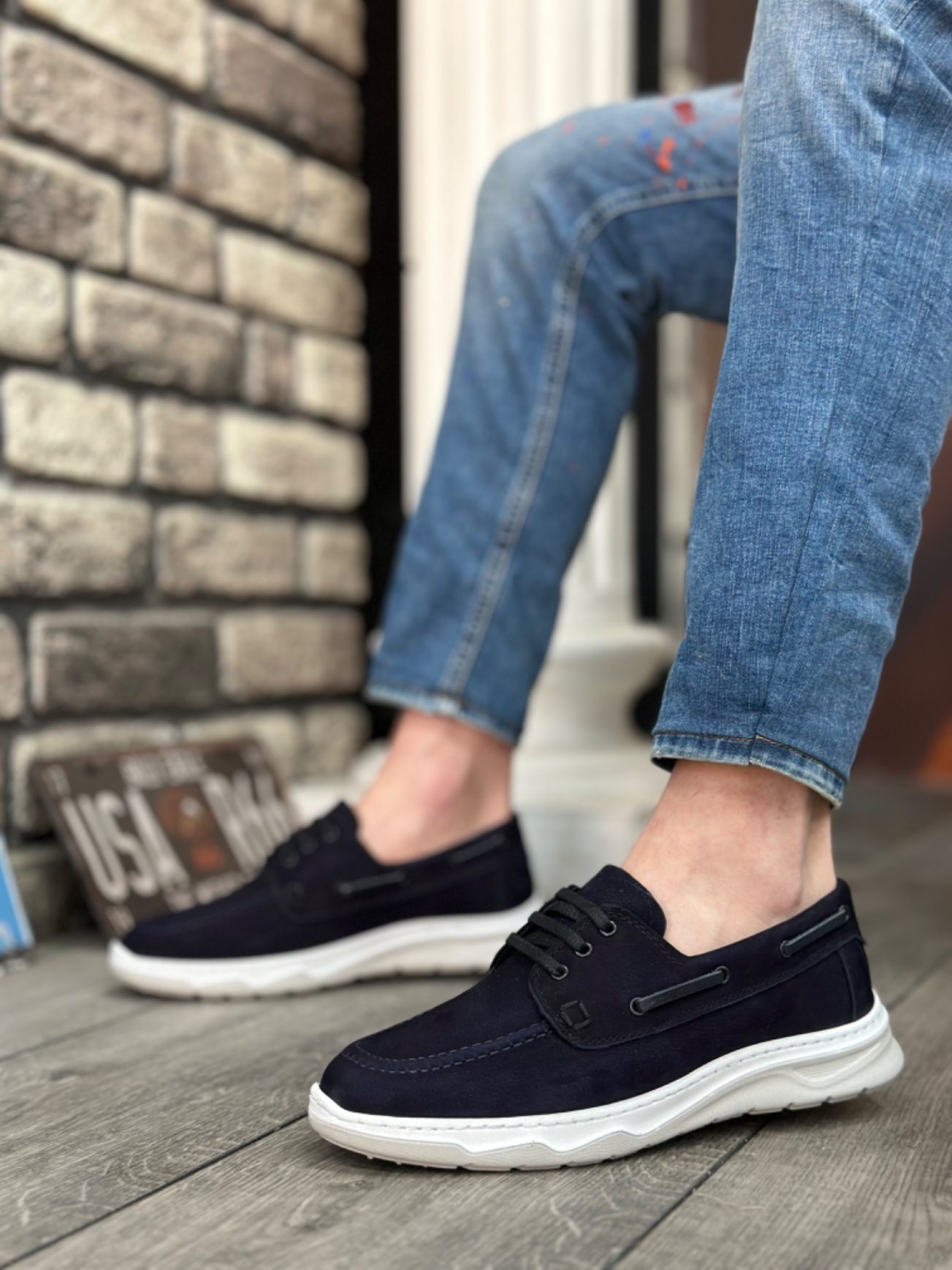 Genuine Nubuck Leather Classic Navy Blue Casual Men's Shoes