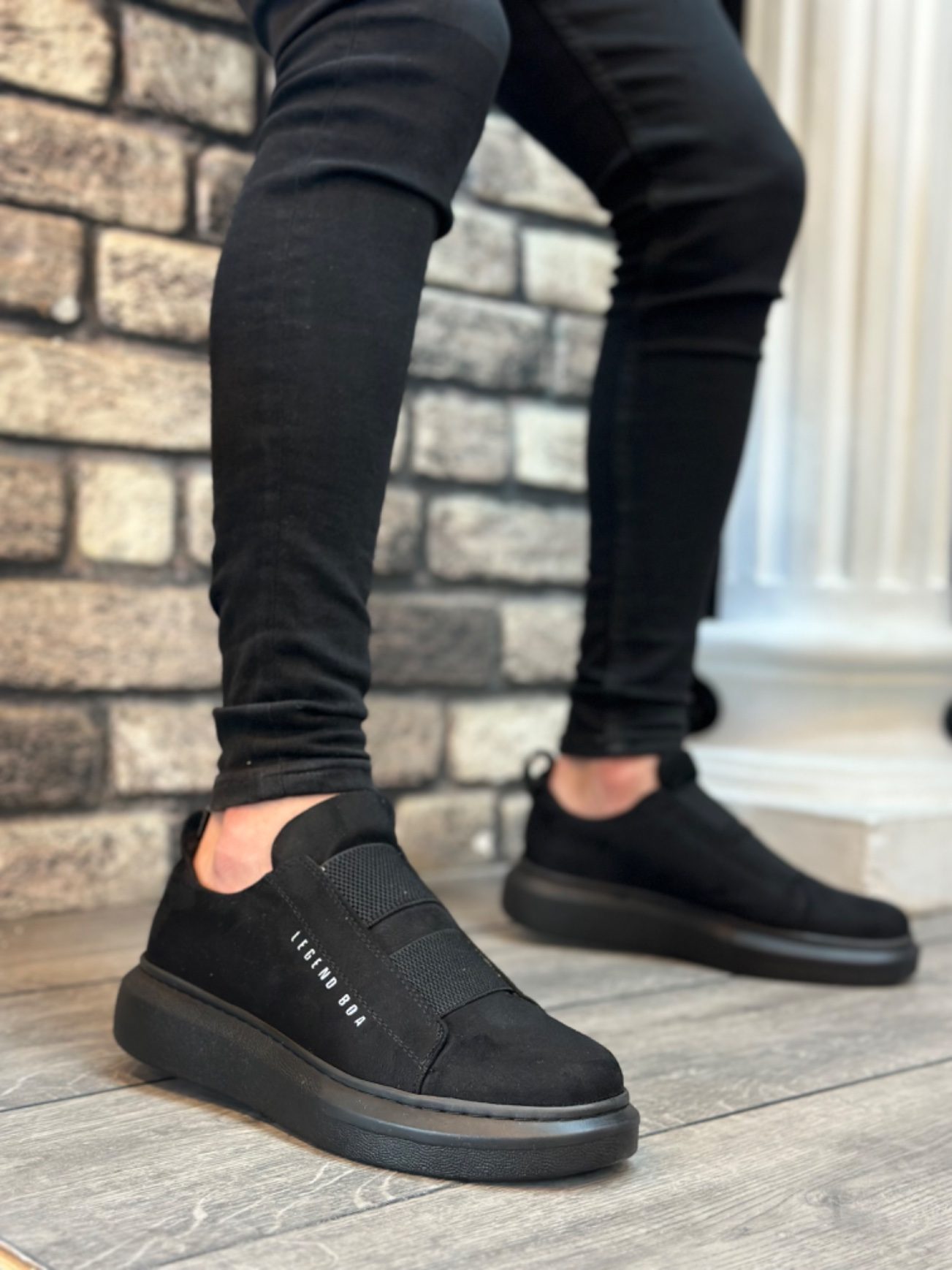 Thick Suede High Sole Double Band Black Men's Shoes