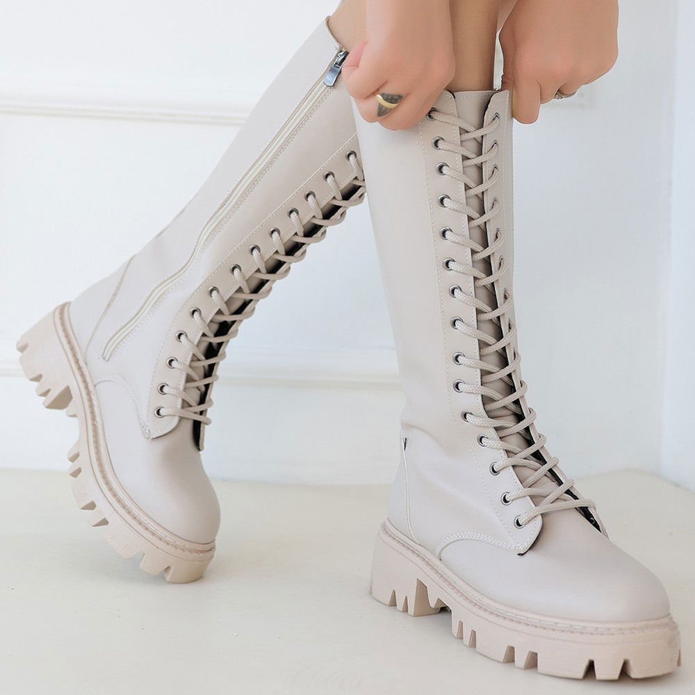 Beige Skin Lace-up Boots