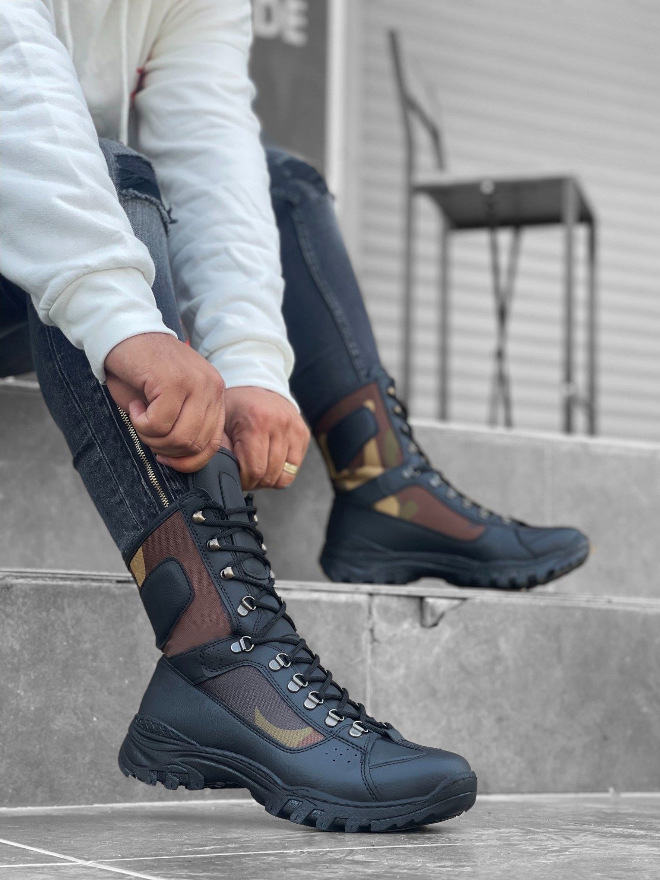 Lace-up Black Camouflage Military Boots