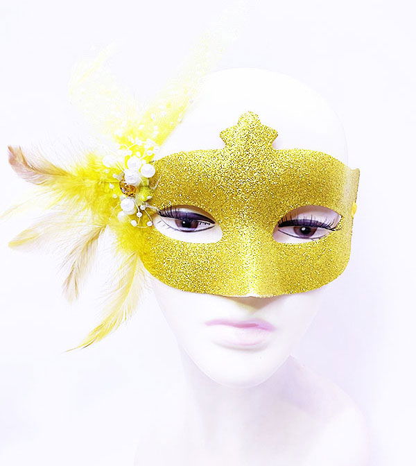 Glitter Embroidered Pearl Bead Detailed Feather Ball Mask Gold Color 13x18 cm