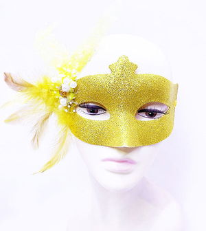 Glitter Embroidered Pearl Bead Detailed Feather Ball Mask Gold Color 13x18 cm