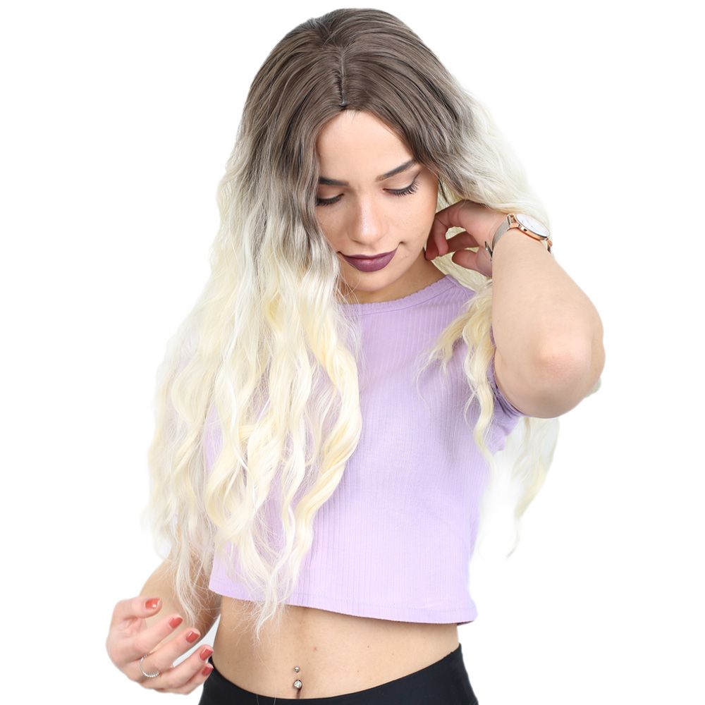 Kanekalon Fiber Synthetic Wig / Ashy Light Brown / Platinum Ombré with Water Wavy Look and Long Bangs