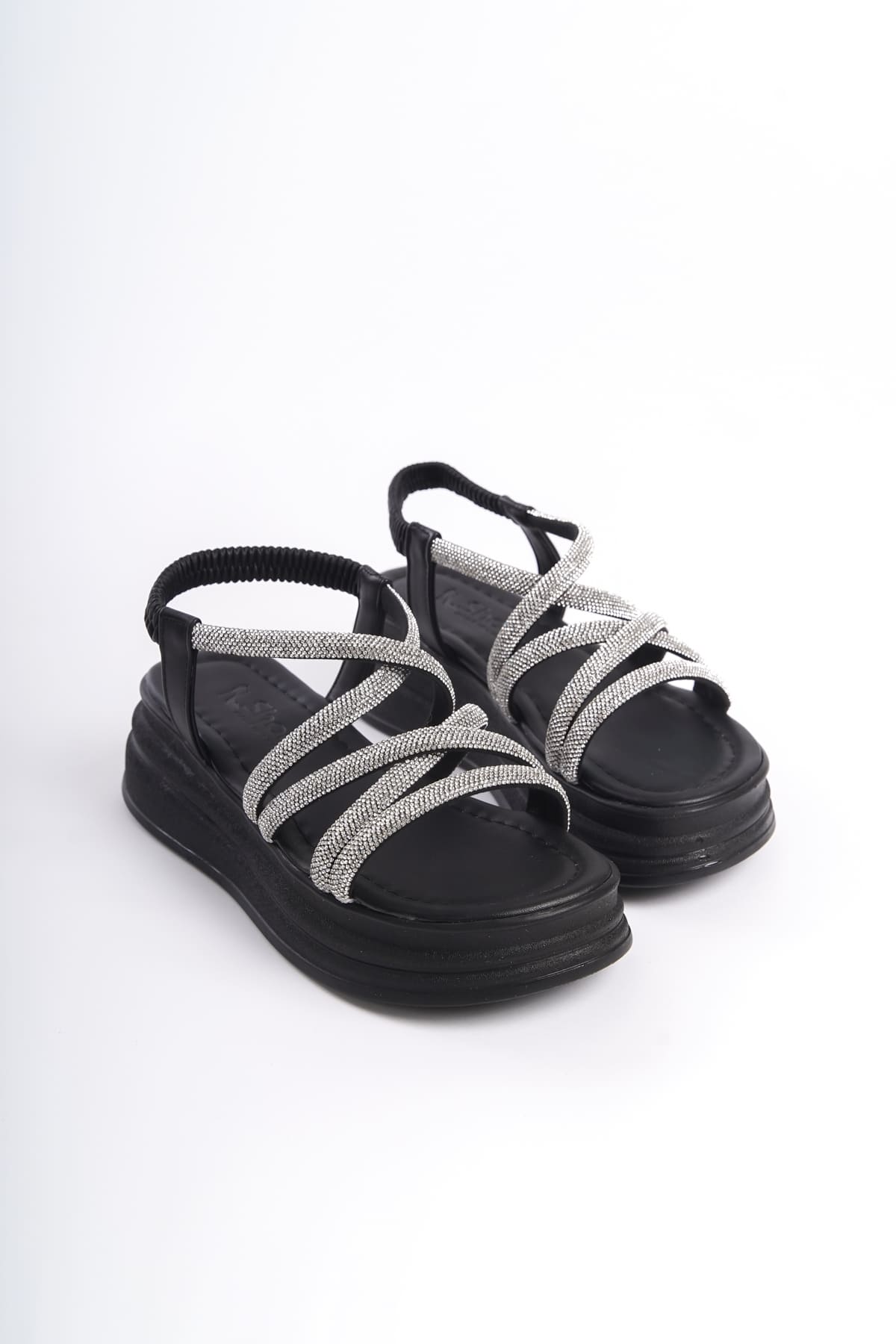 CLZ948 Rubberized Stone Stripe Orthopedic Sole Women's Sandals ST Black