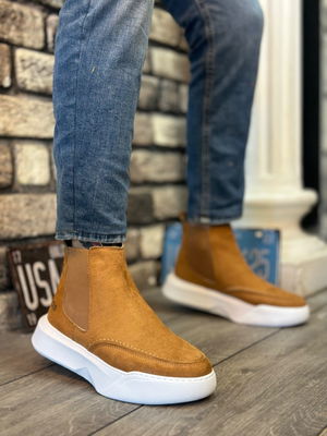 Unlaced Men's Tan Suede White High Sole Sport Boots