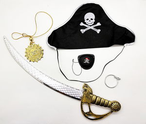 Captain Pirate Hat Pirate Sword Eye Patch Earrings and Pirate Medallion 5-Piece Costume Set