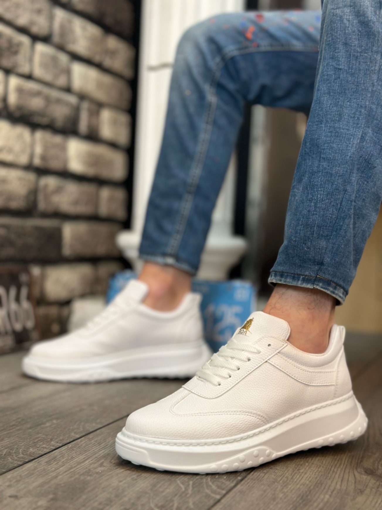 Thick High Sole White Lace-Up Sneakers For Men