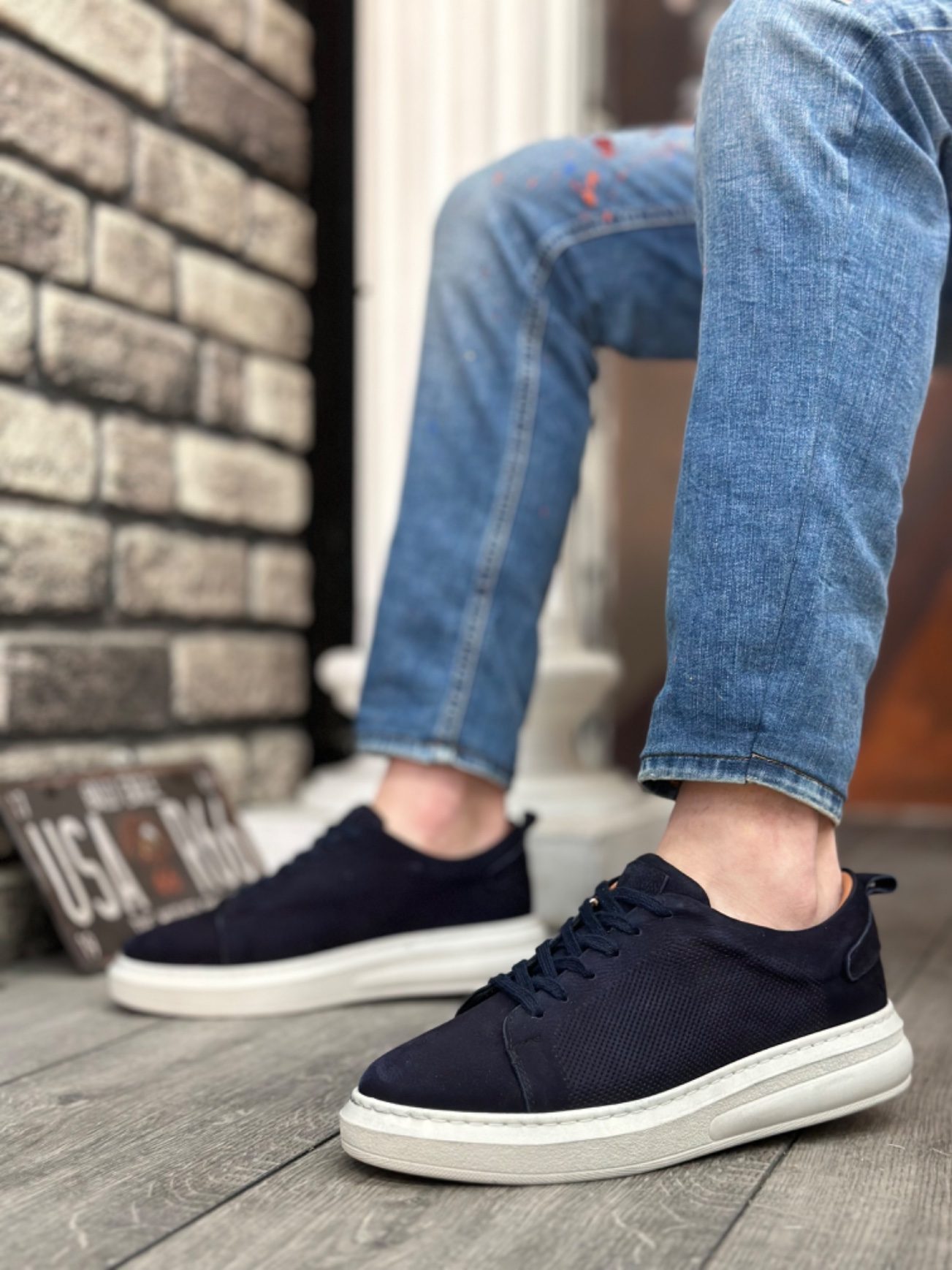 Genuine Nubuck Leather Navy Blue Lace-Up Casual Men's Shoes