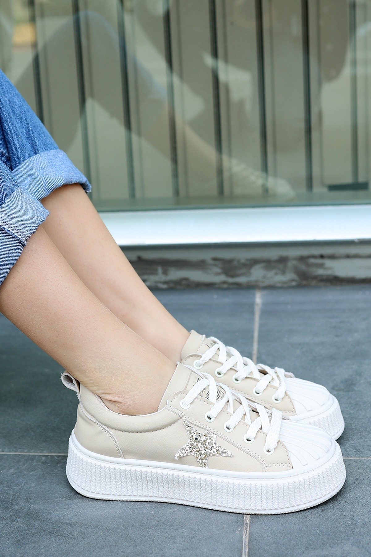 Beige Skin Lace-Up Sneakers