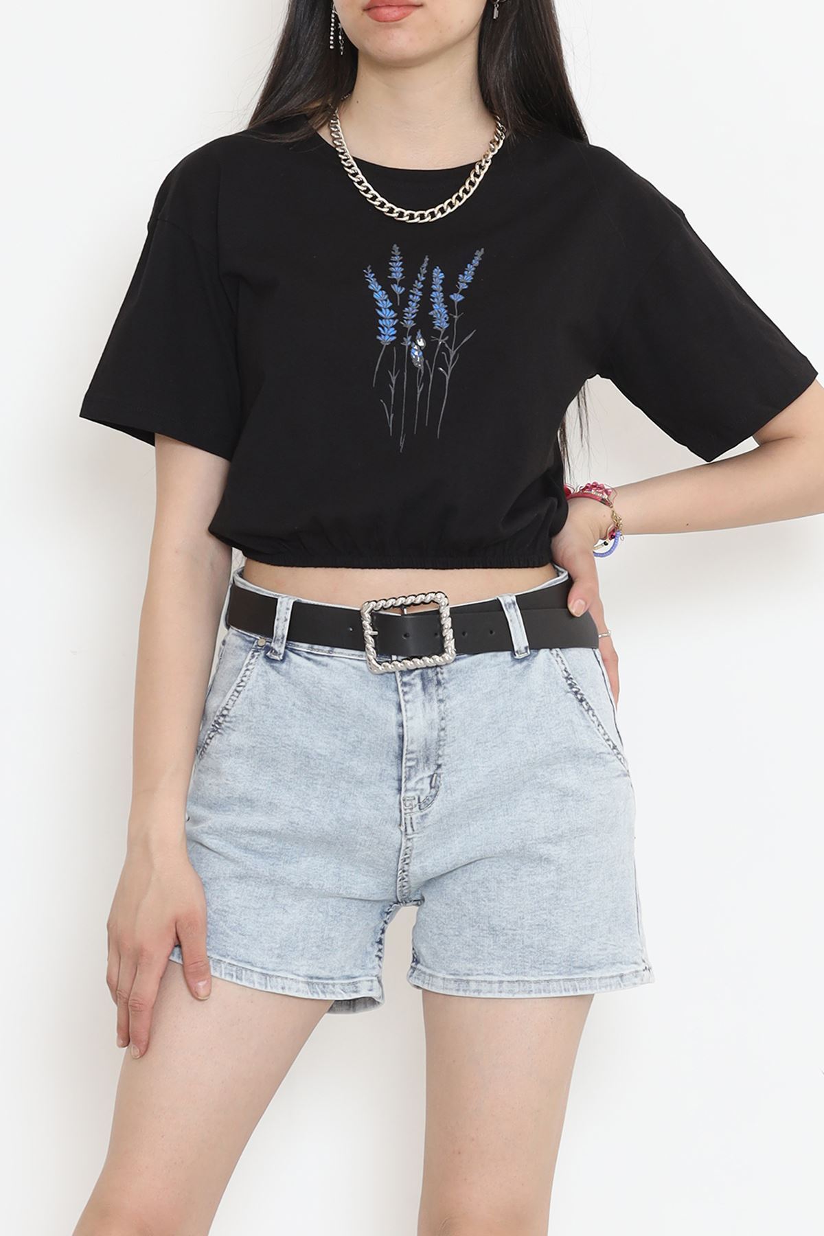 Printed Waist Elastic T-Shirt Black