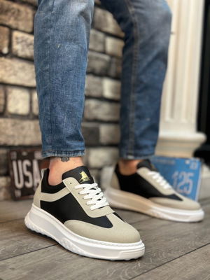 Thick High Sole Gray Black Lace-Up Sneakers For Men