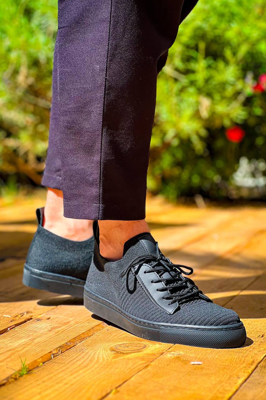 Black Tricot Black High Sole Lace-up Casual Men's Shoes