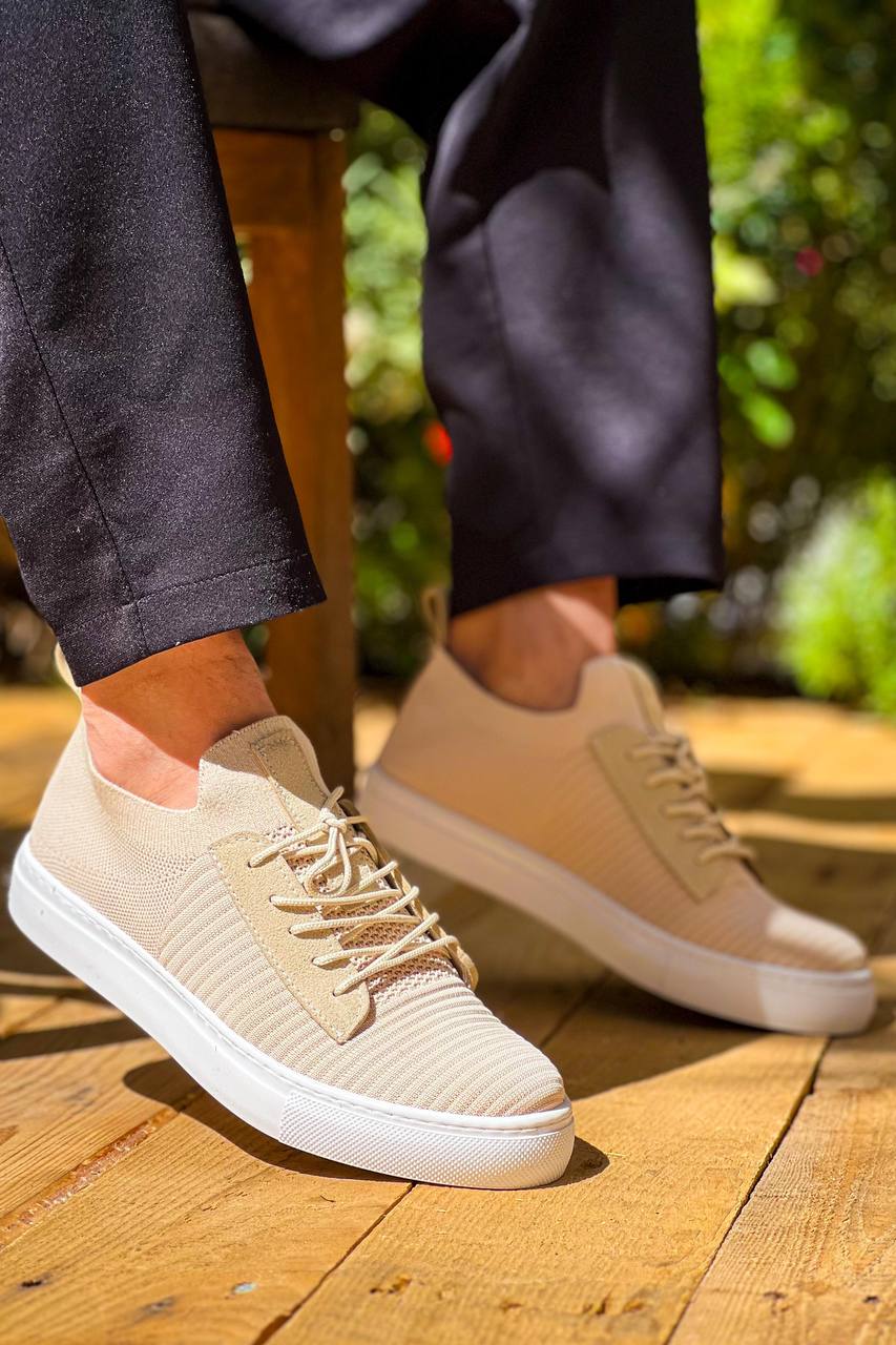 Beige Tricot High Sole Lace-up Casual Men's Shoes