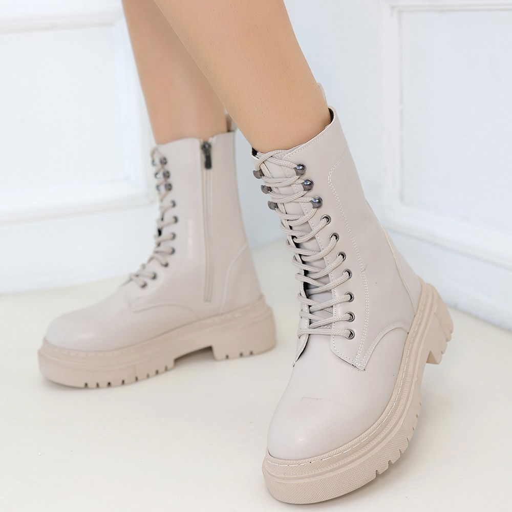 Beige Skin Lace-up Boots