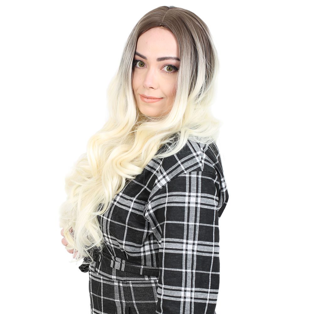 Super Dense Wavy Kanekalon Fiber Synthetic Long Bangs Wig / Ashy Light Brown / Platinum Ombré