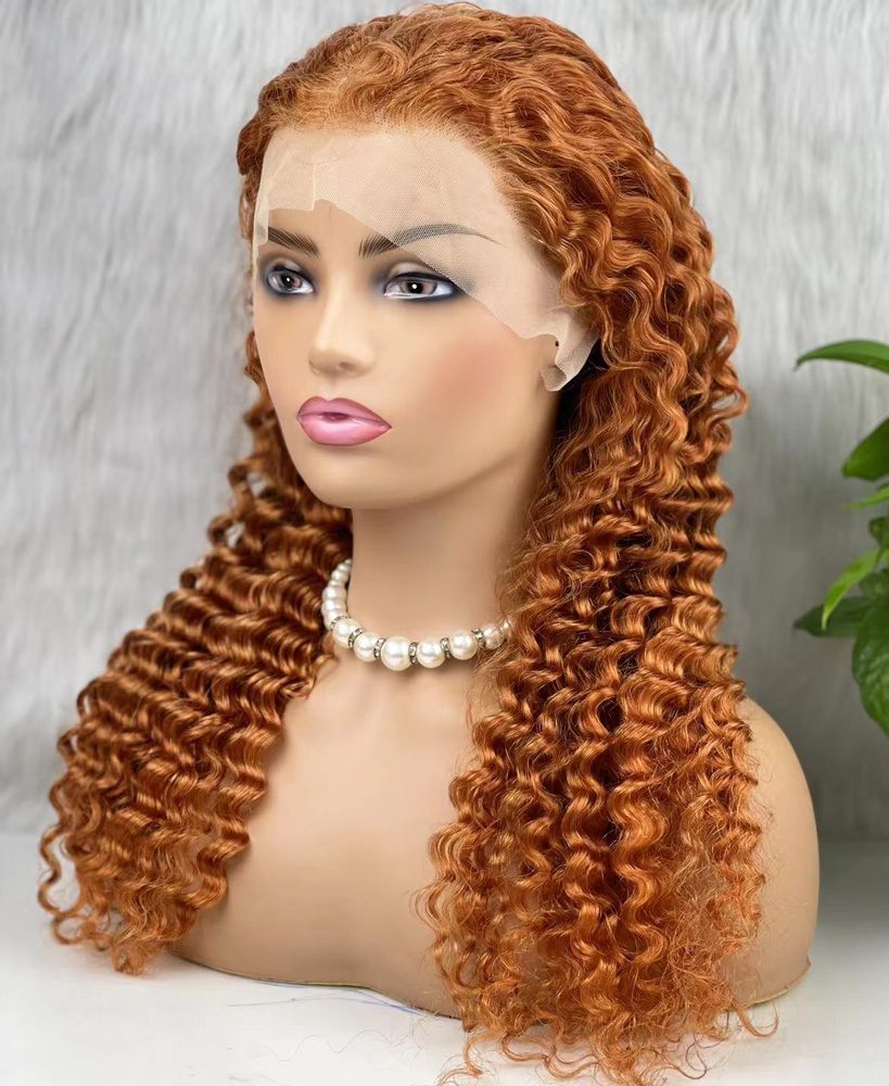 Real Hair Front Lace Tulle Wig / Afro Wavy / Copper 70/75cm