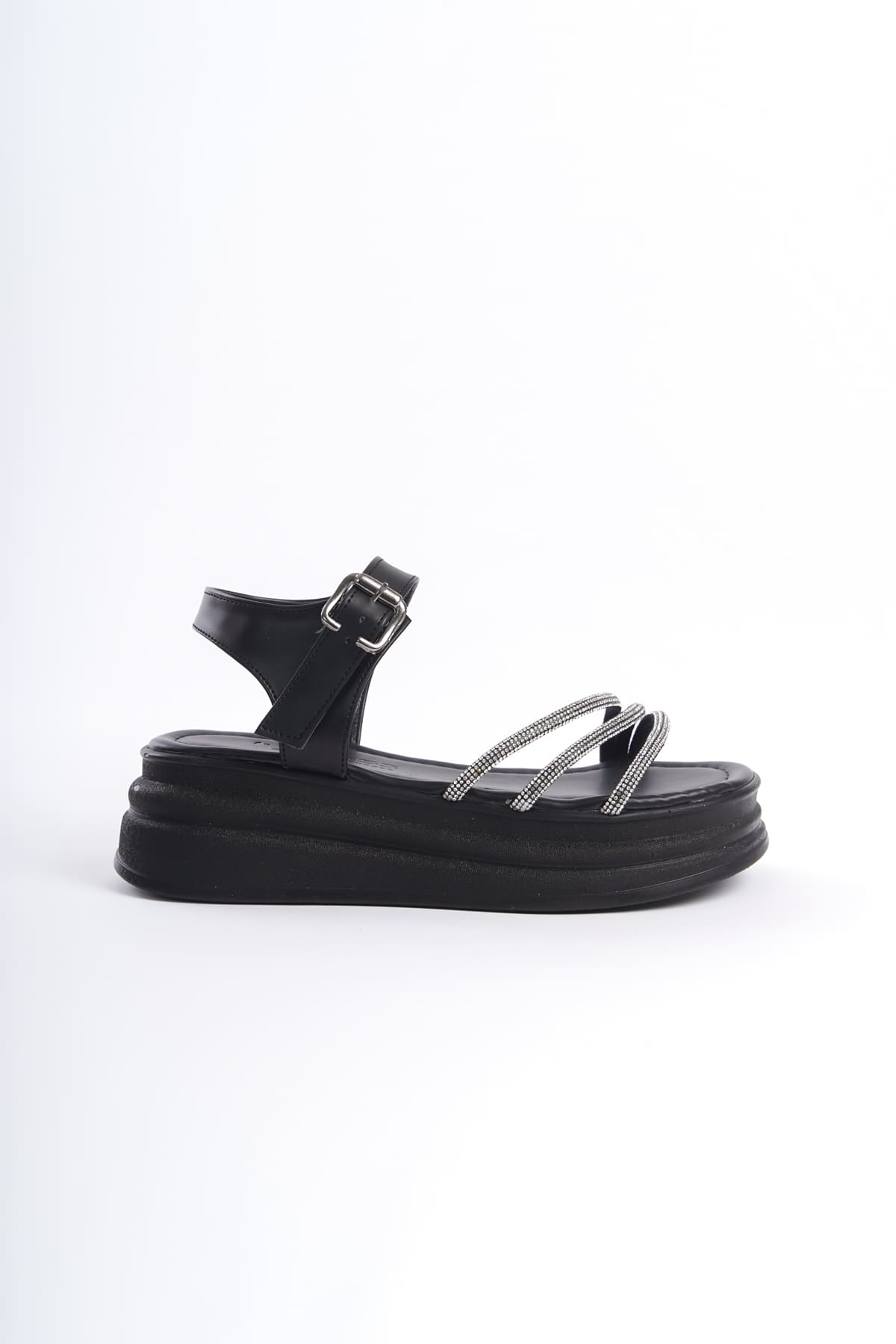 CLZ948 Thick Buckle Stone Stripe Orthopedic Sole Women's Sandals ST Black