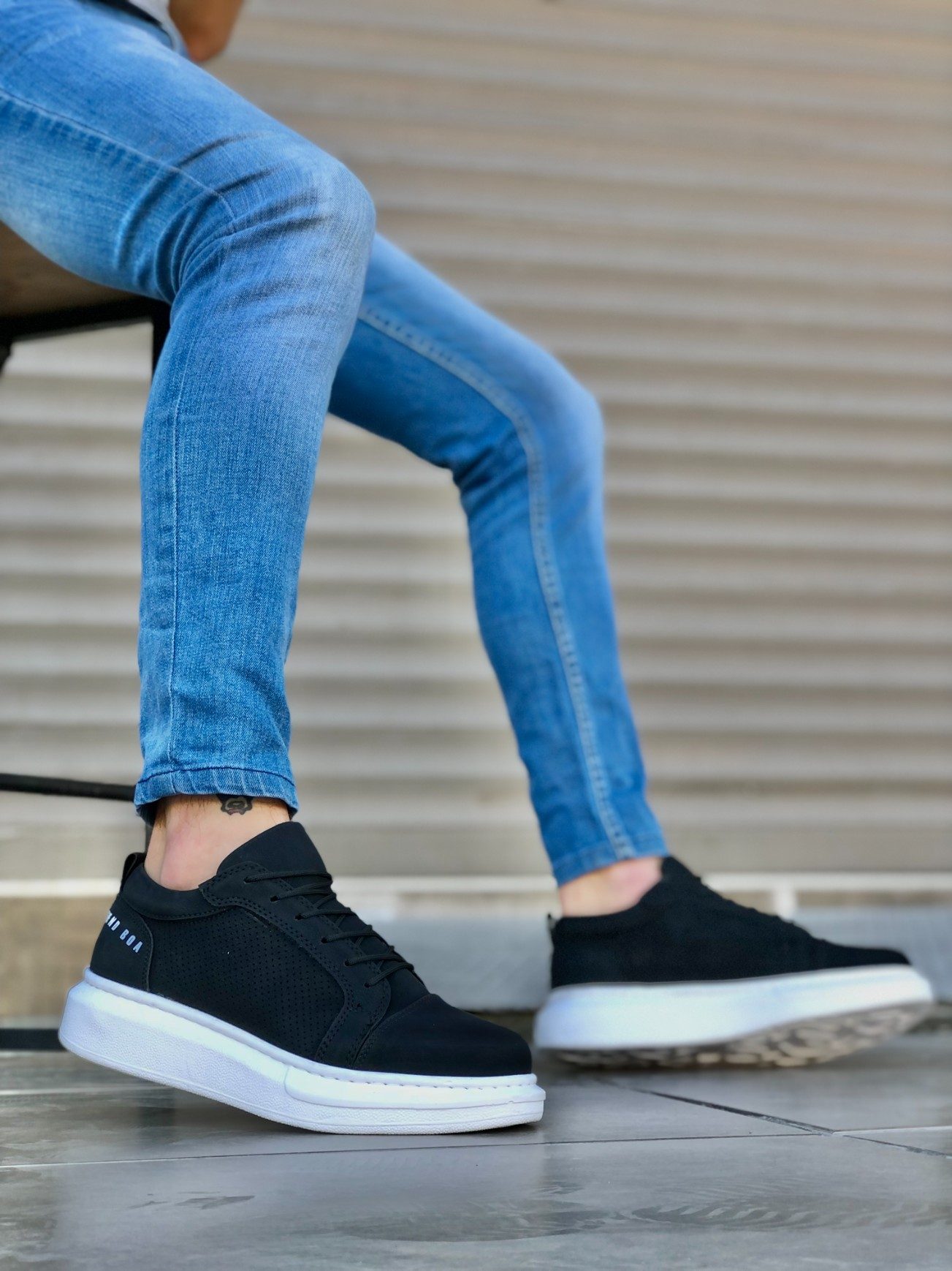 Thick High Sole Black Lace-Up Sneakers For Men