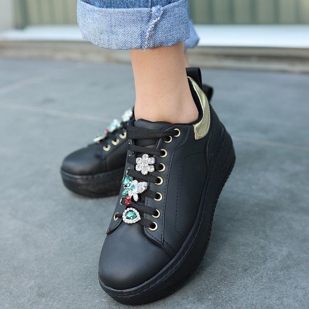 Black Skin Stone Lace-Up Sneakers