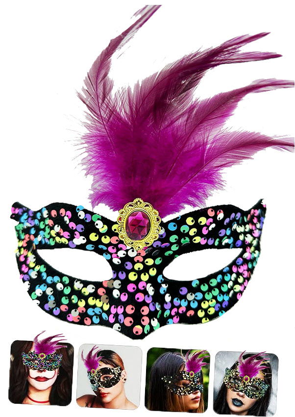 Colorful Sequin Sequin Pink Feathered Pink Stone Party Mask on Black Velvet 19x21 cm