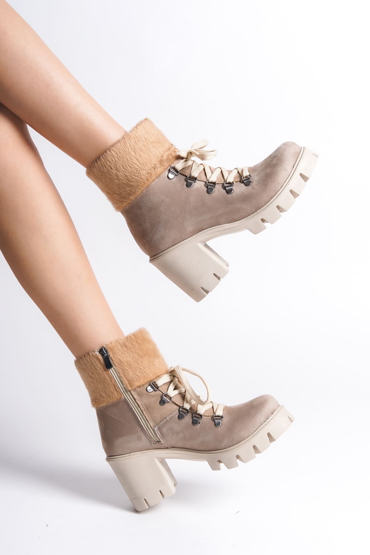 CLZ948 Lace-up Zippered Orthopedic Sole Heeled Sheepskin Detailed Suede Women's Boots TT Ten