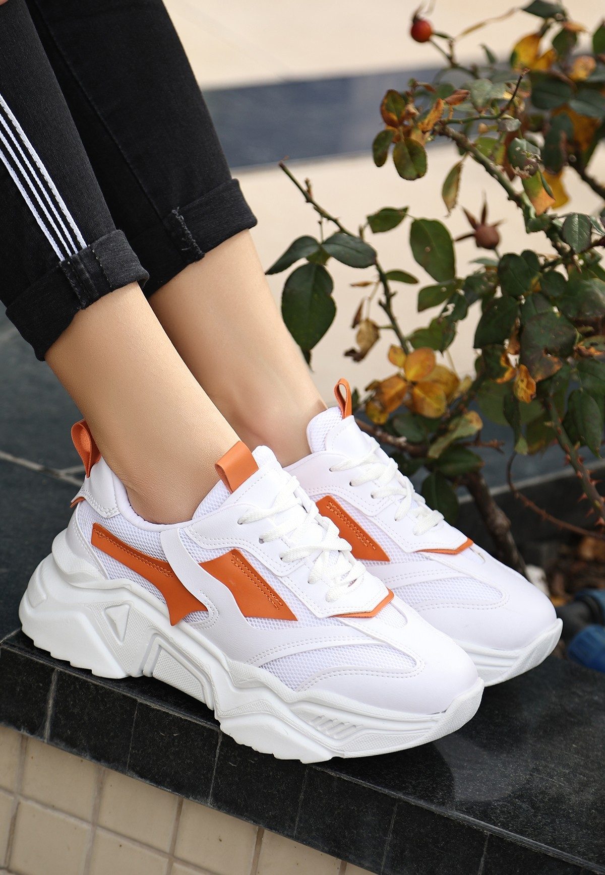 White Skin Orange Lace-Up Sneakers