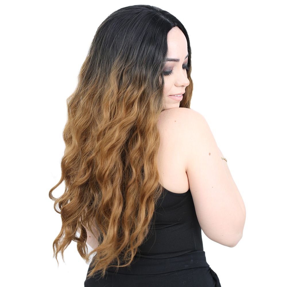 Kanekalon Fiber Synthetic Wig / Black / Caramel Ombré with Water Wavy Look and Long Bangs