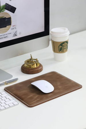 Antique Brown Leather Mouse Pad with Stitching Detail 26 x 20 Cm