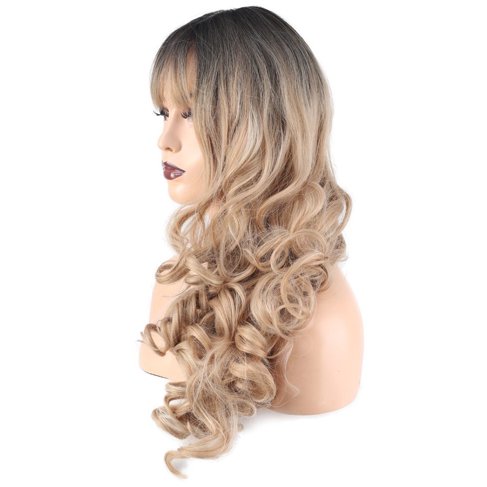 Long Kanekalon Fiber Synthetic Wig with Wavy Custom Bangs / Black / Pumpkin Ombré