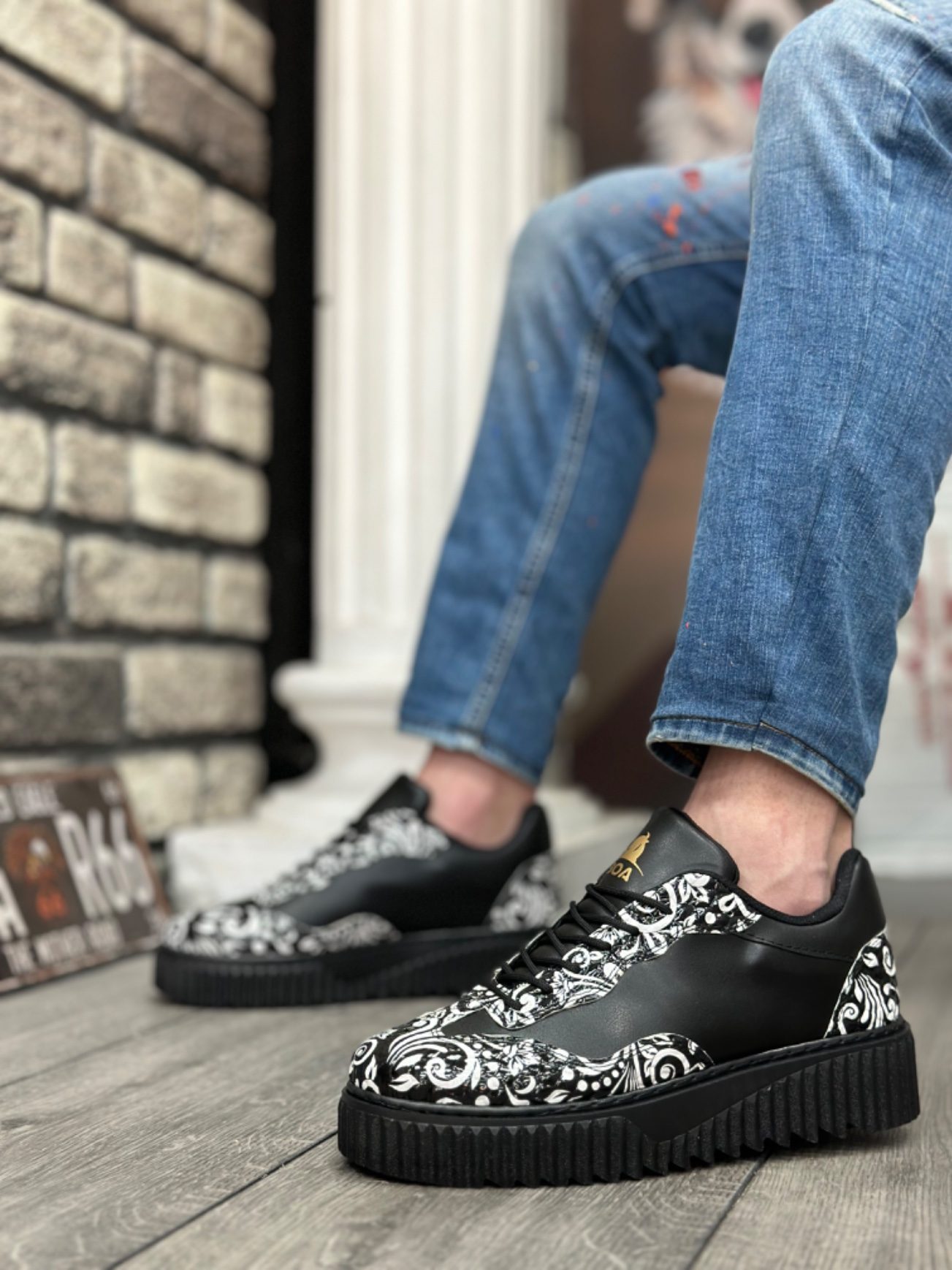 Gothic Patterned Black High Sole Men's Casual Shoes